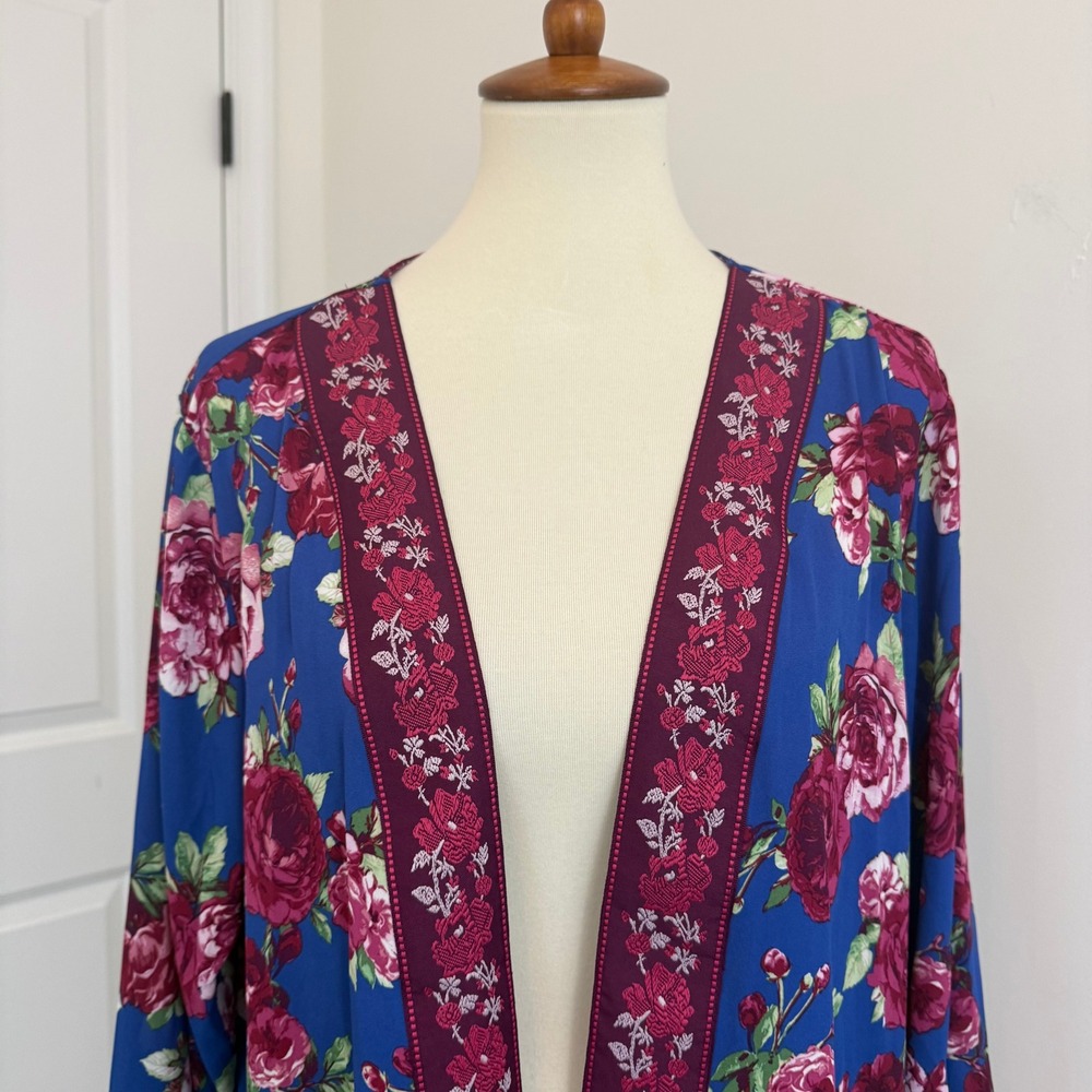 NWT The Pioneer Woman Blue Floral Kimono Cardigan Open Front L/XL Boho‎ - Picture 2 of 10